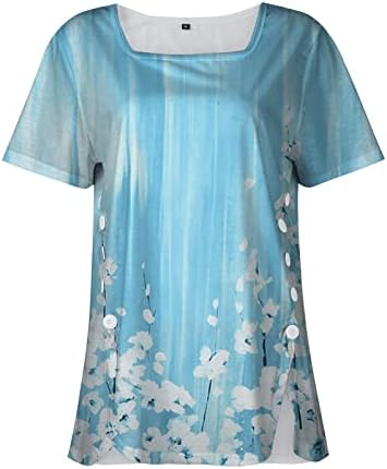 Camisa de verão para mulheres de manga curta botão de impressão no topo da túnica básica de pescoço quadrado resort desgaste do