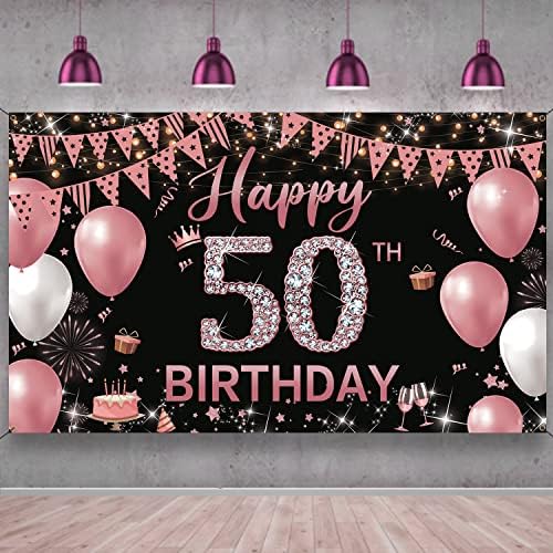 Decorações de aniversário do 50º aniversário Banner para mulheres, Feliz 50º aniversário decorações de mulheres, ouro rosa