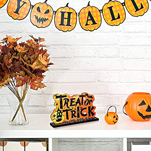 4 peças Halloween Table Decoração de Halloween Sinais de peça central de madeira Traduzir truque de decoração ou tratar