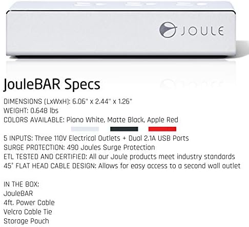 Joule Surge Protector Power Strip com 3 pontos de venda e 2 portas USB - para viagens, hotel, uso do escritório em casa