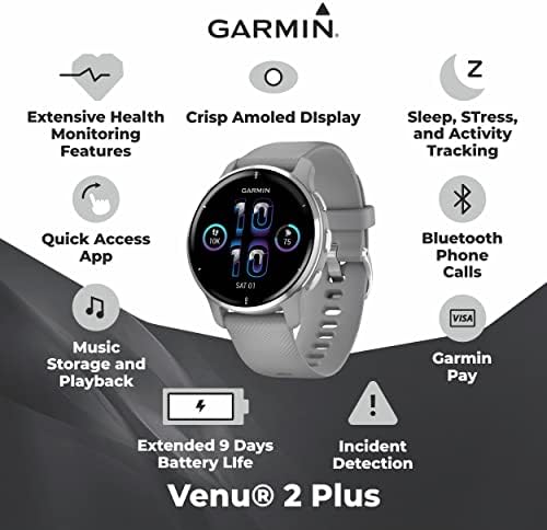 Garmin Venu 2 Plus GPS Multisport Smartwatch, 33 mm com tela AMOLED, chamada e texto, música, moldura de ardósia com