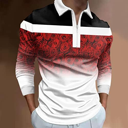 ZDDO Men 1/4 Zip Up Polo Camisetas, outono Inverno Manga longa Rose Vintage Rose Rua Golf Tops Casual Muscle Shirt