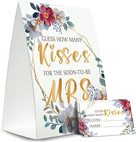Kit de cartas de jogo de chuveiro de noiva, floral dourado rosa, adivinhe quantos beijos para a Sra.