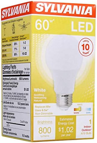 Lâmpada LED de Sylvania A19, 8,5W, 60W equivalente, 10 anos, não -dimmale, 800 lúmens, 3000k, branco - 1 pacote