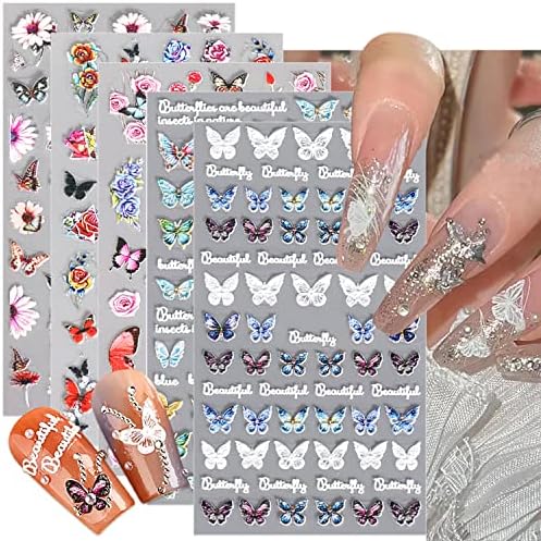 Jerclity 5 lençóis Flower Nail Art Starters Butterfly Nail Stickers Auto adesivo 5D Decalques de unhas em relevo da primavera Flor Nail Design Butterfly Nail Art Decalques para mulheres Decorações de unhas