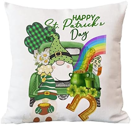 Almofada cobre o gnomo de caminhão verde de St. Patrick, travesseiro de arco -íris de pilar de ferraduras douradas, vibrações
