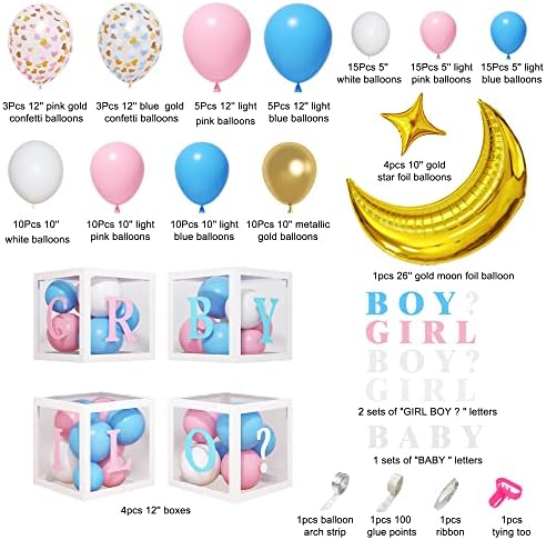 Amandir 134pcs caixas de bebê revelam decorações de balão, rosa e azul Balão arco kit caixas de bebê com cartas para aniversário