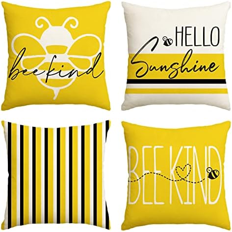 Avoin colorlife Hello Sunshine abelha listras gentis capas de travesseiro amarelo, capa de almofada de verão de 18 x 18