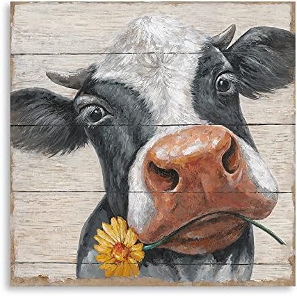 Pictures de vaca rústica Decoração de parede: Fazenda Vaca de Art Farm Animal Vaca com girassol no painel de madeira Decorações