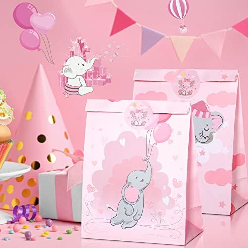 Pacote de 24 pacote de elefante rosa Bolsa de elefante de elefante Baby Saco de festa com adesivos Pink Little Elephant Goodie
