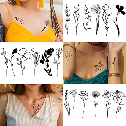 Cerlaza 75 estilos minúsculo ramo de flor preto tatuagens temporárias para mulheres meninas, 16 lençóis buquê floral de