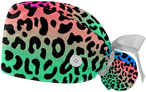 2 Pacote o boné de trabalho de leopardo multicolor com botões e banda de suor de gaiola ajustável tampa de enfermagem