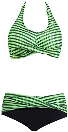 Khiien Women's High Wistent Control Bandage Bikini Conjunto Twist Front Swimsuits Stripe Halter Bikini 2 peças Ternos