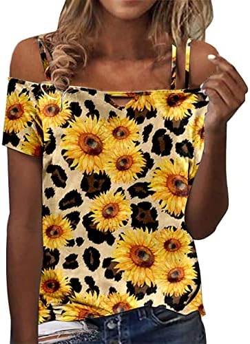 Mulheres fora do ombro, algodão gráfico de girassol, impressão floral casual blusa lisa para meninas verão outono 0a 0a
