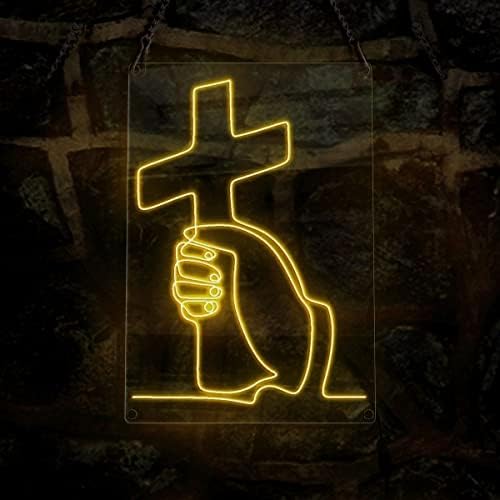 Cristianismo Hand Christian Cross Symbol Contour Néon Sinal, Made Made El Wire Neon Light Sign, Arte da parede da decoração da