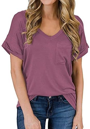Teen Girls Vneck Casual Plain Top camiseta para mulheres de verão outono com bolsos y3 y3