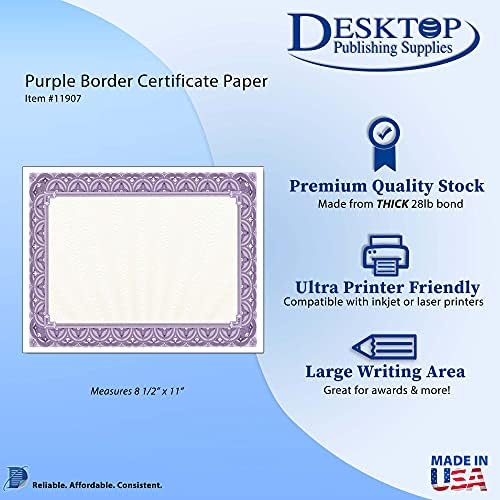Documento de certificado em branco de borda roxa - 100 pacote - 8,5 x 11 Certificados para impressora Prêmios