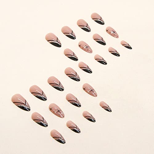 24pcs de ponta francesa média longa em unhas com designs glitter amêndoa unhas falsas pregos pregos bastão de tampa completa em unhas