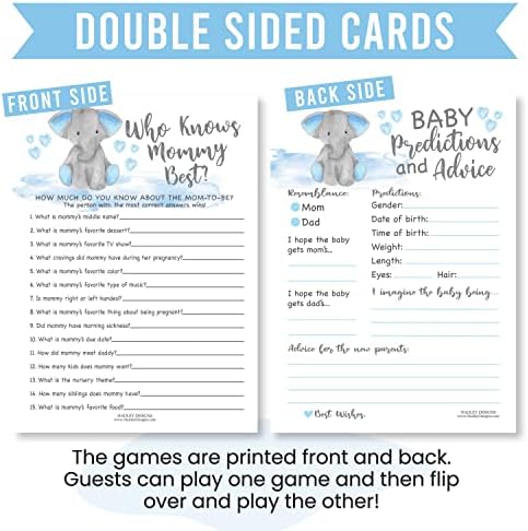 50 jogos de chá de bebê de elefante azul para meninos - 4 jogos de dupla face, quem conhece o melhor jogo de chá de bebê