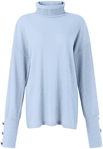 Suéteres de algodão feminino Turtleneck Top Pullover solto botão para cima de manga comprida Camisa de fundo de malha de cor