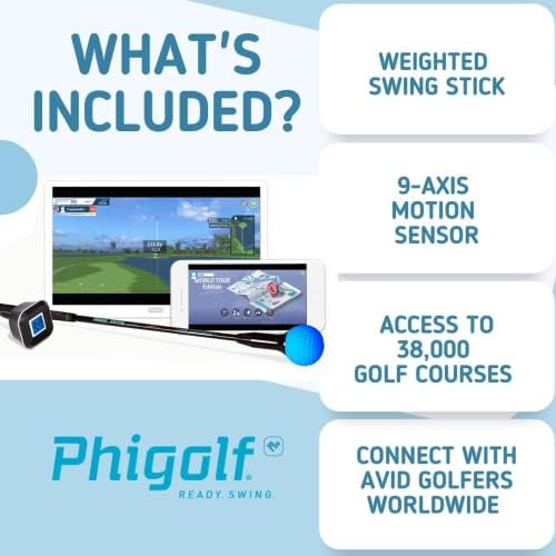 Edição do Phigolf World Tour - Simulador de golfe em casa, Access 38.000 Campos de golfe em todo o mundo. Inclui um bastão de giro compacto, sensor de swing de 9 eixos, suporta dispositivos Android e iOS