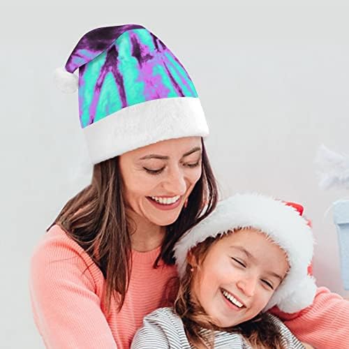 Chapéu de Natal e corante de gravata roxa e azul, chapéus de Papai Noel com borrões de pelúcia e decoração de natal de conforto