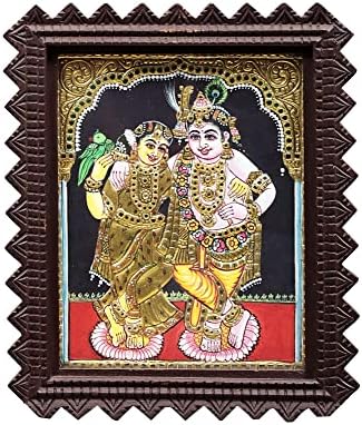 Índia exótica 10 x 12 Lord Krishna e Radha Tanjore Pintura | Cores tradicionais com ouro 24K | Teakwood Fram