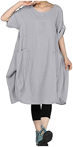 Salia de t-shirt de linho feminino Salia redonda pescoço de manga curta verão sólido casual plus size com vestido de bolso