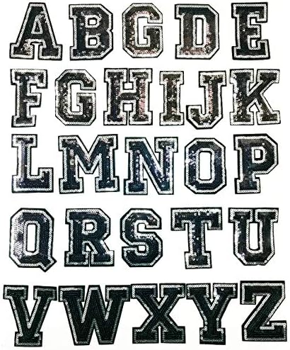 Letra de lantejoulas preta e prata de 3 polegada A-Z-Z-On Patch Appliques Letra do alfabeto de costura