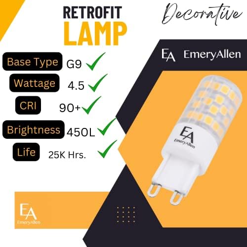 EA Emeryallen Retrofit LEDBULBULTBULBULHA 4,5 WATTS Lâmpada para luminárias de base G9, 450 lúmens; 3000K para banheiros, pingentes,