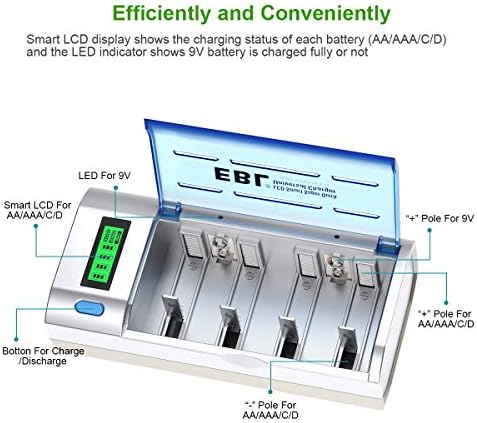 Kit de baterias recarregáveis ​​EBL com C D 9V AA AAA Carregador de bateria e 10000mAh D baterias recarregáveis