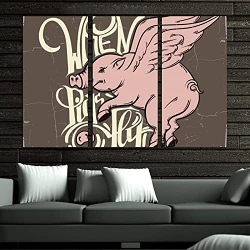 Arte da parede para sala de estar, fofa quando os porcos voam rosa Piggy Peluty Padrão emoldurado Decorativo Pintura a óleo Conjunto
