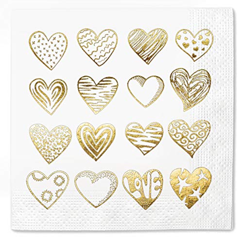 Corações guardanapos de coquetel papel descartável papel de ouro 50 peças pacote 2 dobras de 5 x5 polegadas de bebida santa santa