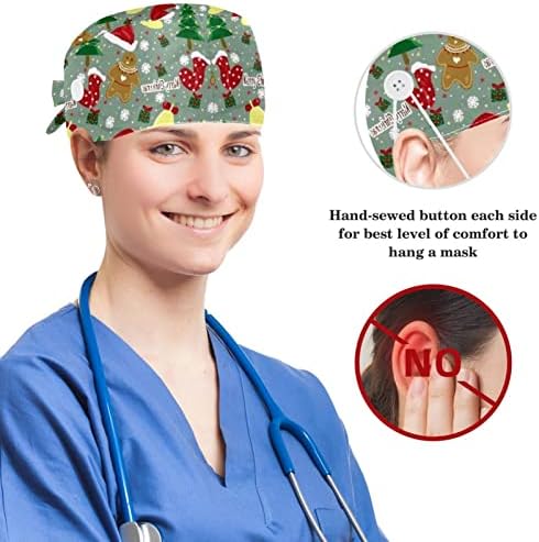 Chapéus cirúrgicos e scrunchie de orelha de coelho, rabanada de tampas de esfoliação ajustável do doodle árvore de natal com botão
