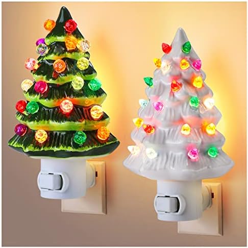 Macarrie 2 peças Árvore de Natal Night noite clara e verde Luzes decorativas de bolha cerâmica Luzes de natal árvores Retro