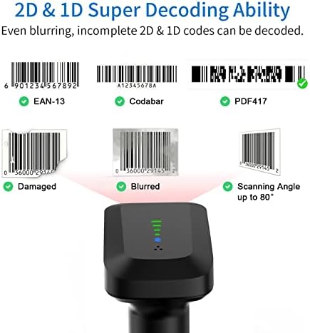 Alacrity Barcode Scanner sem fio 1D Laser Barcode Reader com indicador de nível de bateria, 3 em 1 Bluetooth e 2,4 GHz Wireless e