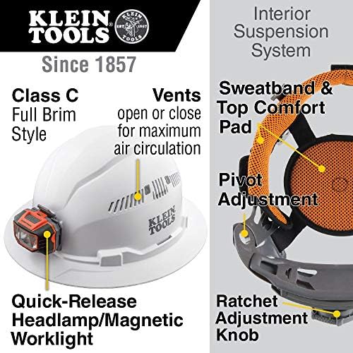 Klein Tools 60407 Hard-chapéu, luz, ventilação em estilo total, acolchoado, banda de moletom resistente ao odor, branca