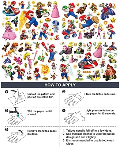 Super Mario Bros Tattoo temporário, 8 folhas Mario Tattoo para crianças, brinquedos de tatuagem temporários para crianças, adesivos