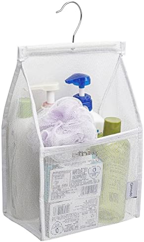 Qimodo pequeno caddie de chuveiro de malha suspensa, bolsa organizadora de higiene pessoal sólida de banheiro com cabide rotável