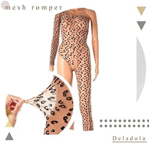 Deladola Mesh Molho Mumpsuit Surywhed One Sleeves Sexy Bodysuit See Atração através da Fishnet Romper Sheer Leopard Bodycon