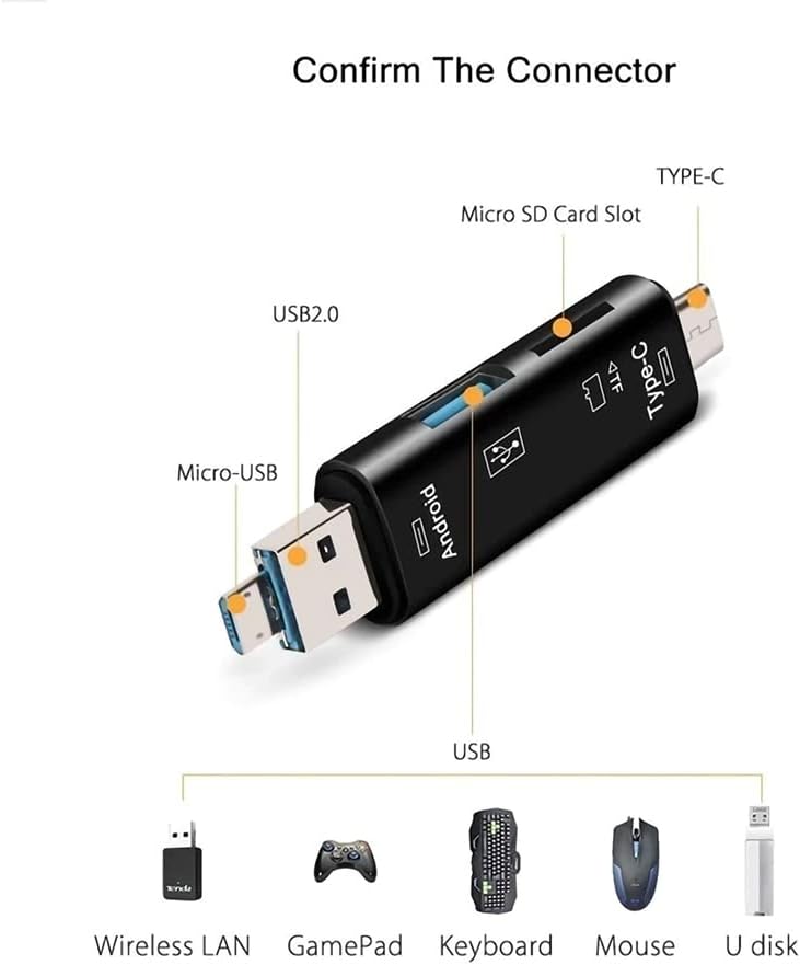 Volt+ 5 em 1 Cartão multifuncional Leitor compatível com Xiaomi Redmi Nota 10 tem tipo USB tipo C/ MicroSB/ TF/ USB 2.0/