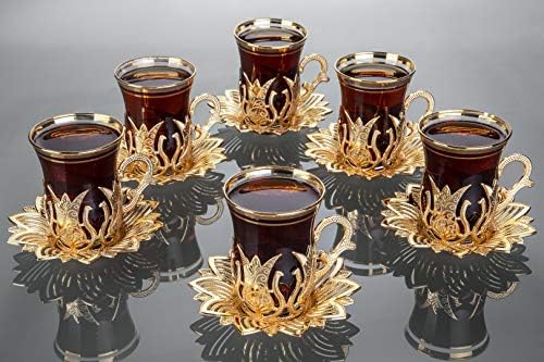 Conjunto de chá dourado de Lamodahome de 6 - Inclui 6 copos, 6 titulares de pires - Tulipas de porção especial VIP - Tulipas