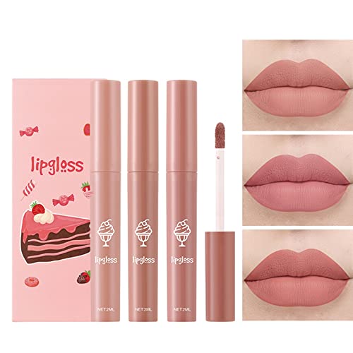 Lip Shiner Fruit Lip Gloss 3 Pedaços de gelo conjunto de veludo de veludo Lipstick Lip Gloss Gloss feminino Non Stick Copo Nude Color
