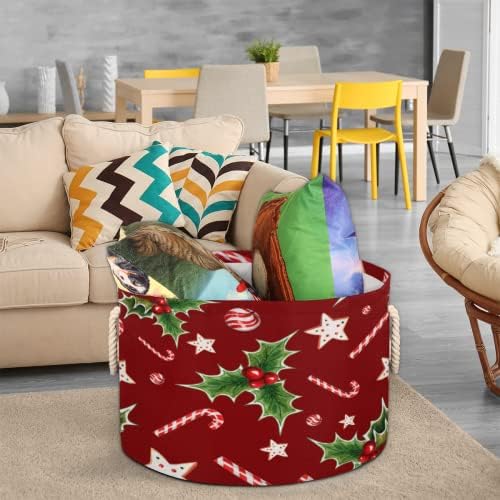 Christmas Candy Cane Holly Leaf Berry Grande cestas redondas para cestas de lavanderia de armazenamento com alças de armazenamento
