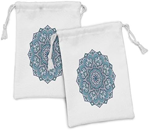 Ambesonne Blue Mandala Fabric bolsa Conjunto de 2, elementos encaracolados orientais do leste oriental, pequenos saco de cordão para