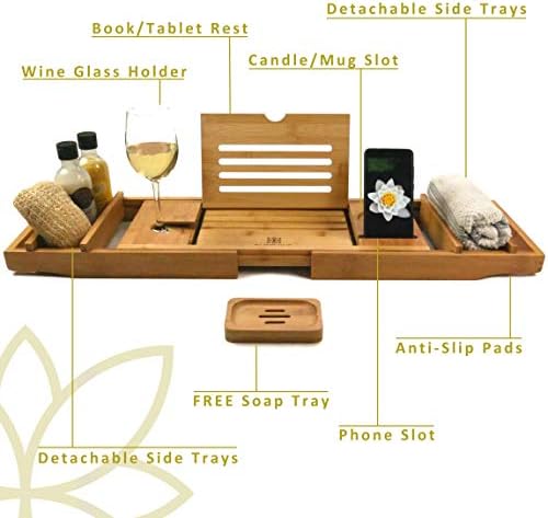 Bandeja de banheira de lírio florescente - Caddy de banho resistente e resistente com porta de vidro de vinho, suporte para iPad