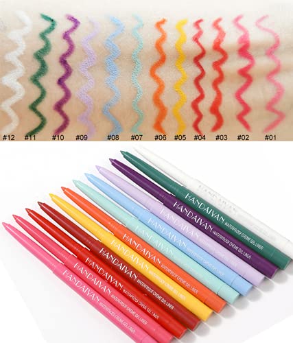 Dyeliners coloridos torcem o conjunto de lápis, 12 cores à prova d'água de linhas de olho de neon para mulheres foste