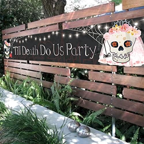 Meltelot Large Halloween Till Death Do Us Part Banner, Skull Mr e Sra. Anniversary Valentines Birthday Party Decorações,