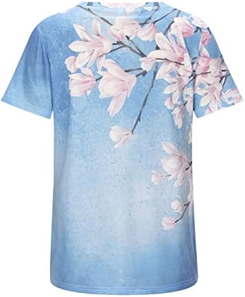 Blusa de manga curta para mulheres gradiente de gripulação de leão de leão de cereja orquídea floral floral blusa de