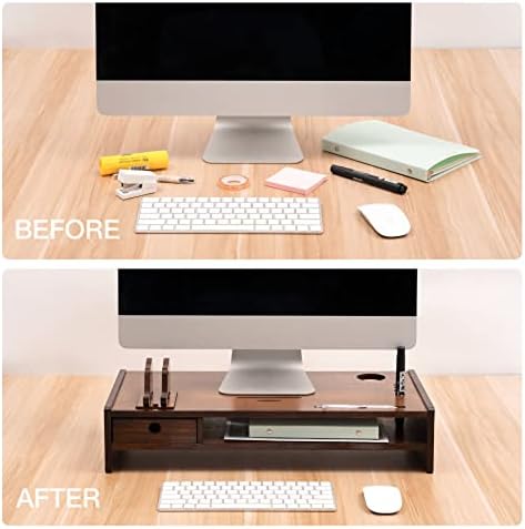 Monitor de madeira Riser, organizador de desktop com armazenamento de uma gaveta, marrom